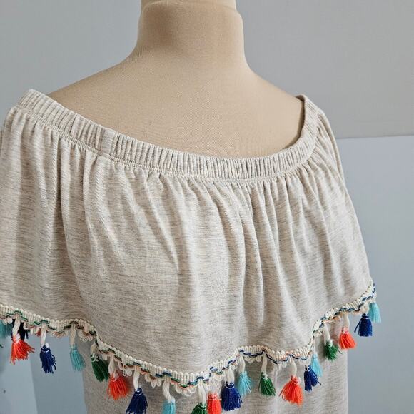 Pebble and Stone Womens Top Large Off Shoulder Colorful Pom Pom Embroidery Trim - Picture 8 of 12